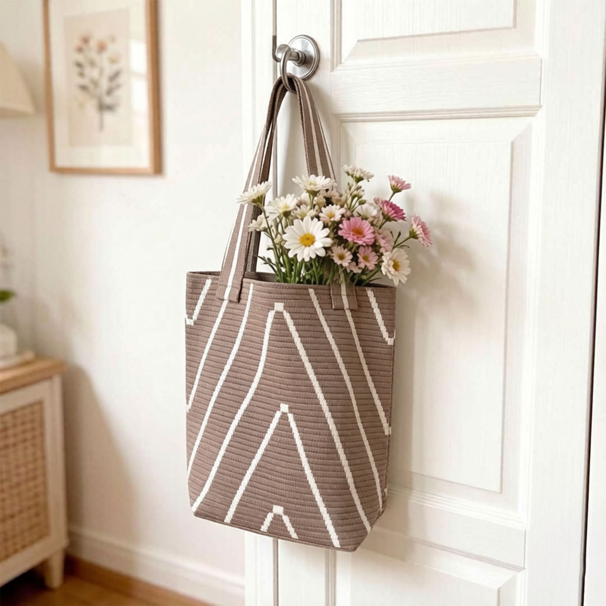 Geometric Stripe Knit Tote Bag with Long Shoulder Straps