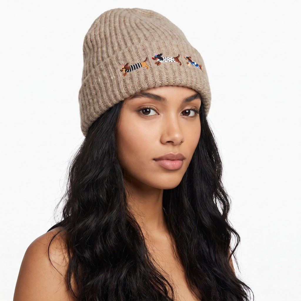 Embroidered Dachshund Knit Beanie Ribbed Cuff Winter Hat