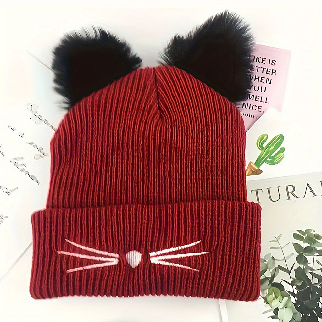 Anna-Kaci Women's Cat Ear Knit Beanie - Faux Fur Ears with Valentine Heart Whisker Embroidery for Cute Casual Winter Wear