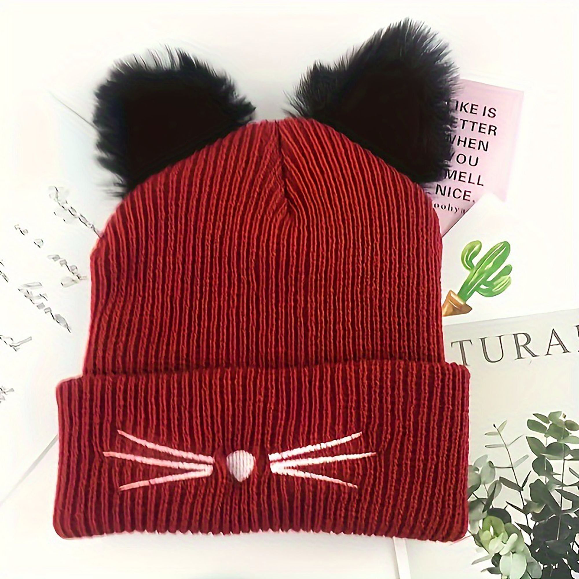 Anna-Kaci Women's Cat Ear Knit Beanie - Faux Fur Ears with Valentine Heart Whisker Embroidery for Cute Casual Winter Wear
