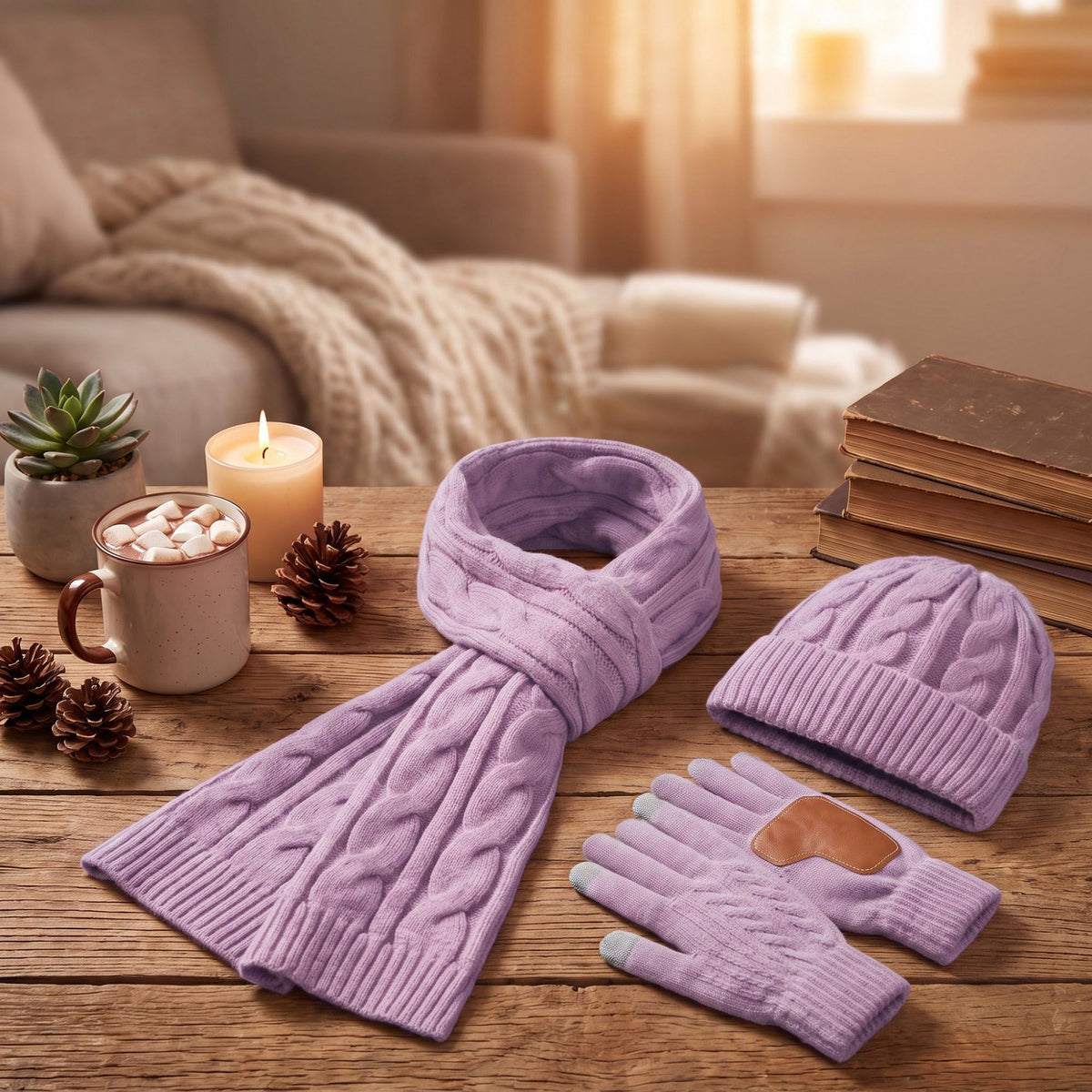 3 Piece Cable Knit Beanie Scarf and Touchscreen Gloves Set