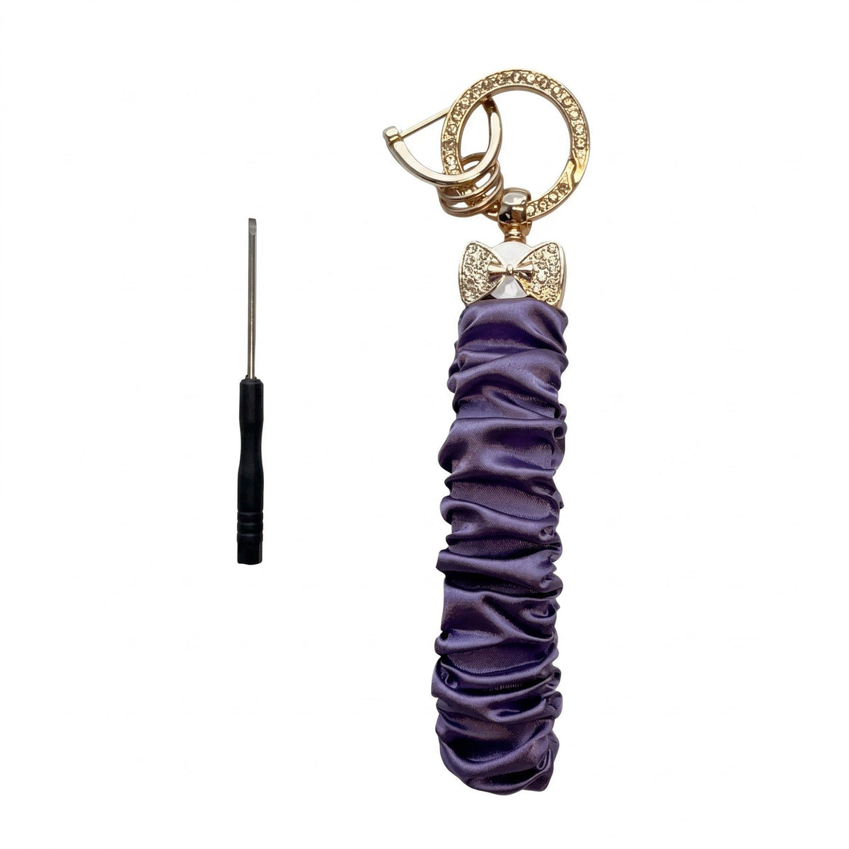 Ruched Fabric Wristlet Keychain with Rhinestone Bow Charm
