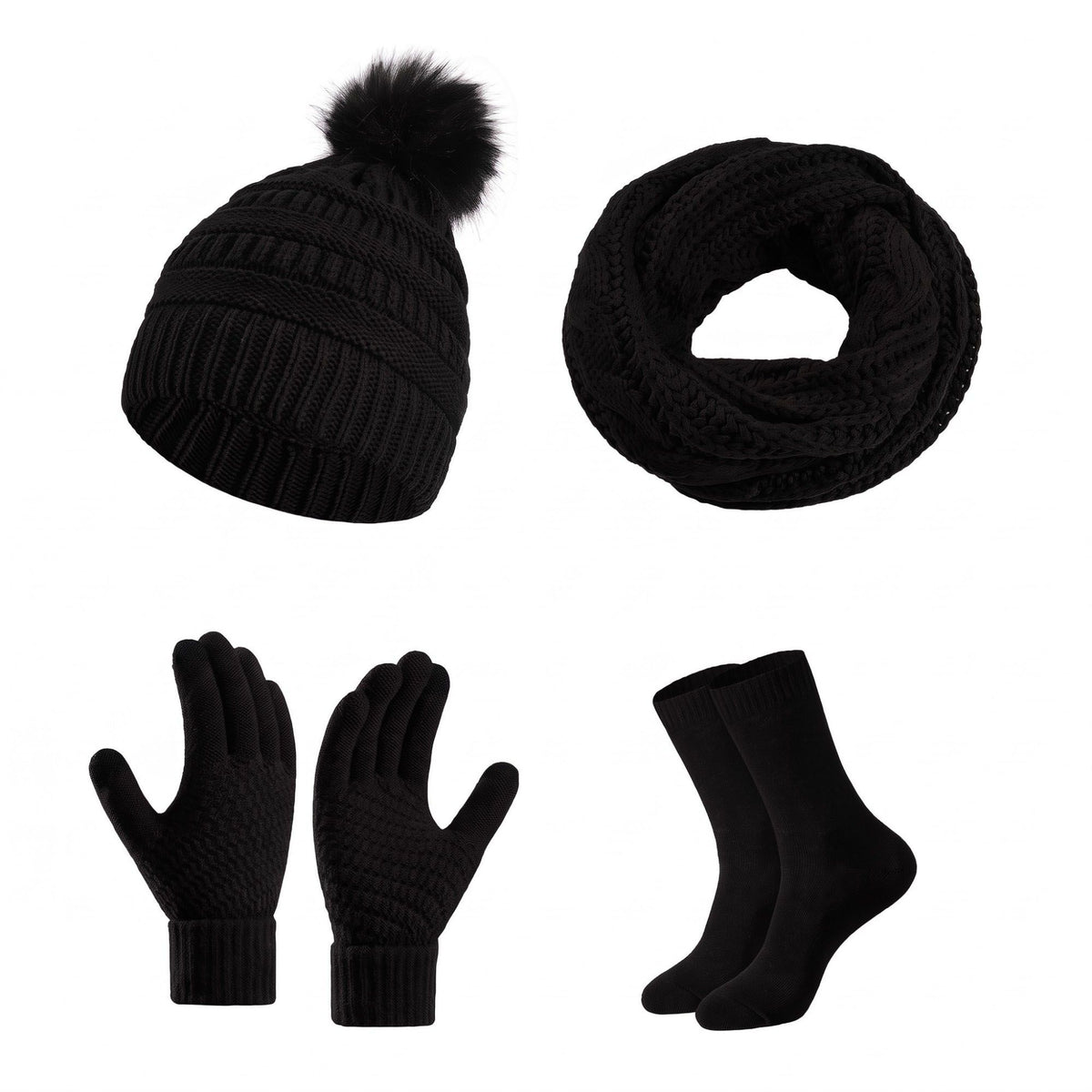 4 Piece Knit Winter Hat Scarf Touchscreen Gloves and Socks Set