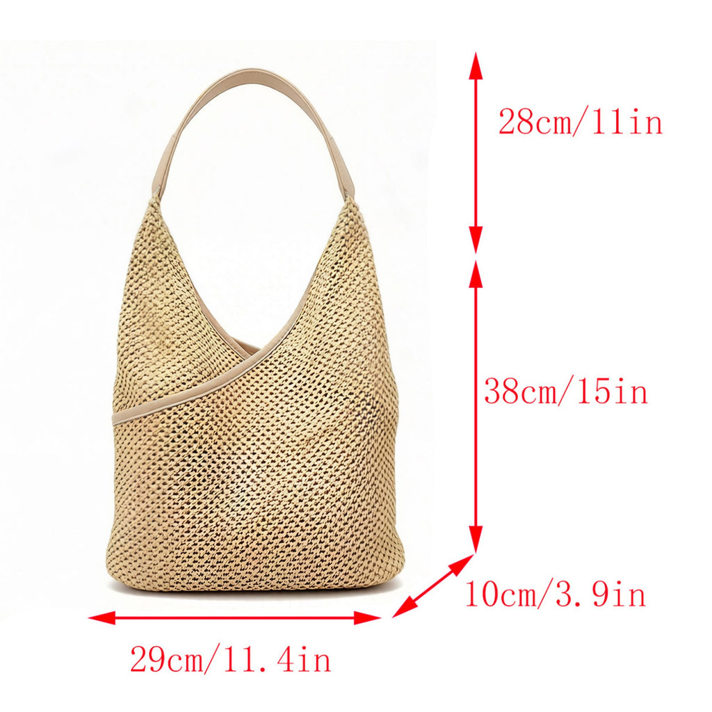 Woven Shoulder Hobo Bag with Faux Leather Trim Soft Knit Slouchy Handbag Casual Everyday Tote