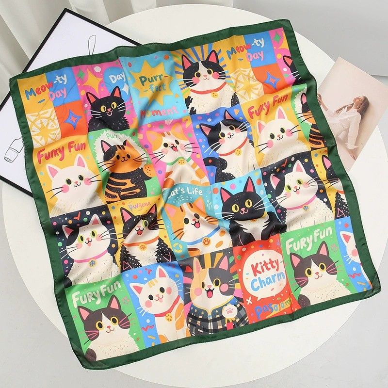 Anna-Kaci Women's Square Cat Print Silk Feel Satin Scarf Cute Animal Neck Wrap 27.5 Inch