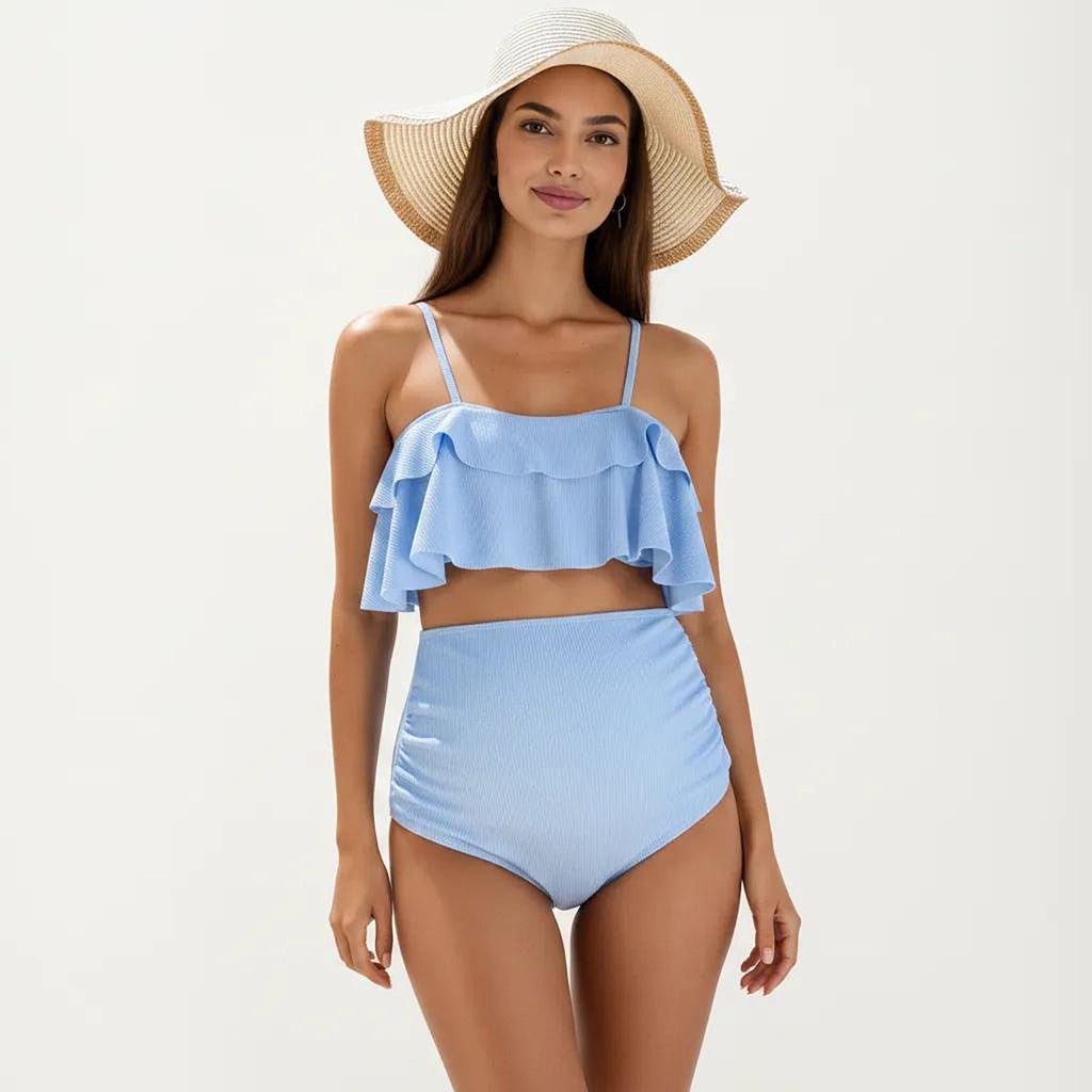 Anna-Kaci Swim Women's Ribbed Maternity Two-Piece Bikini Set with Ruffle Top and High-Waisted Bottom