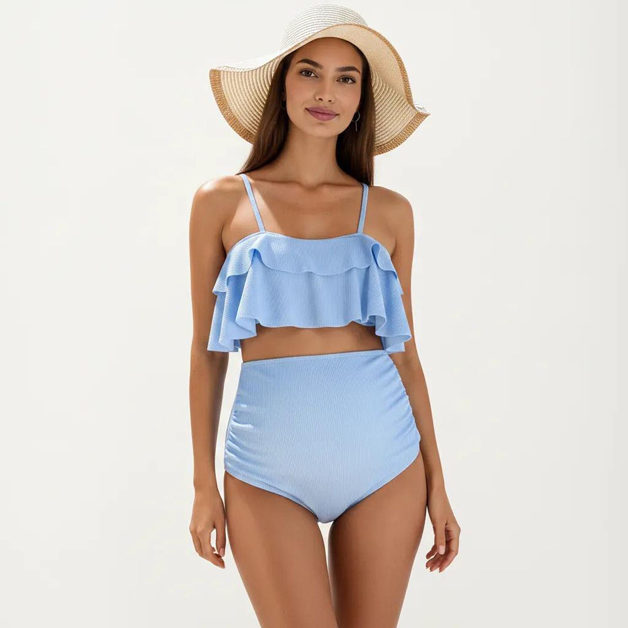 Anna-Kaci Swim Women's Ribbed Maternity Two-Piece Bikini Set with Ruffle Top and High-Waisted Bottom