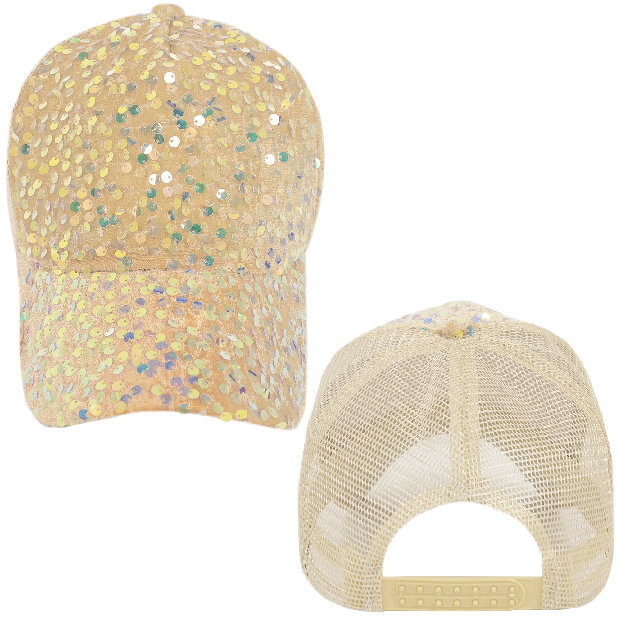 Anna-Kaci Women's Sparkly Sequin Baseball Cap Messy Low Bun Ponycap Velvet Mesh Trucker Hat