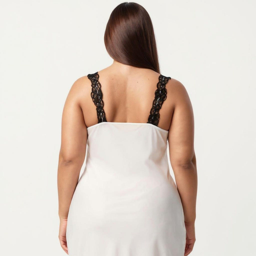 Anna-Kaci Lounge Women's Plus Size Long Satin Chemise Lace Trim Split Hem Nightgown Adjustable Strap Slip Dress