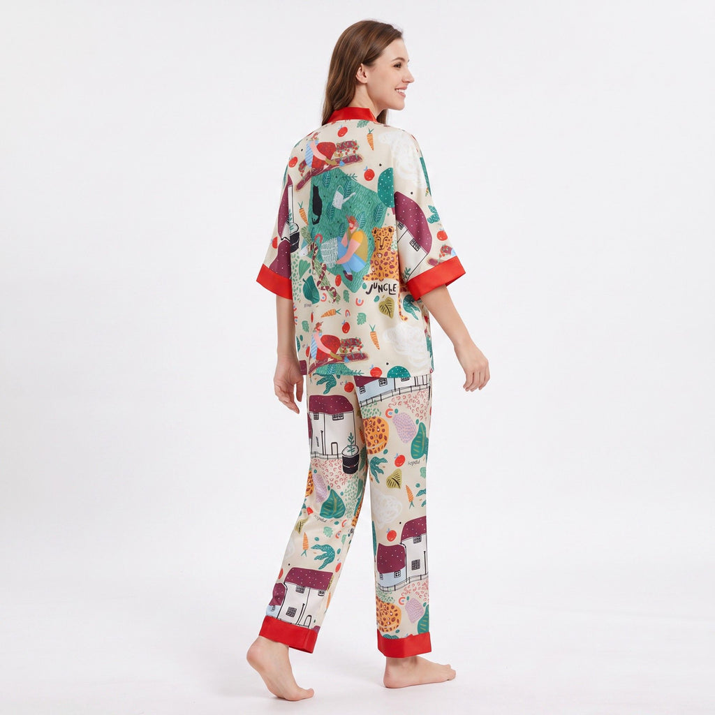 2-Piece Printed Pajama Set Button Front Short Sleeve Sleep Shirt and Long Pants