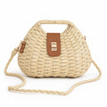 Round Woven Top Handle Crossbody Bag with Button Closure and Chain Strap