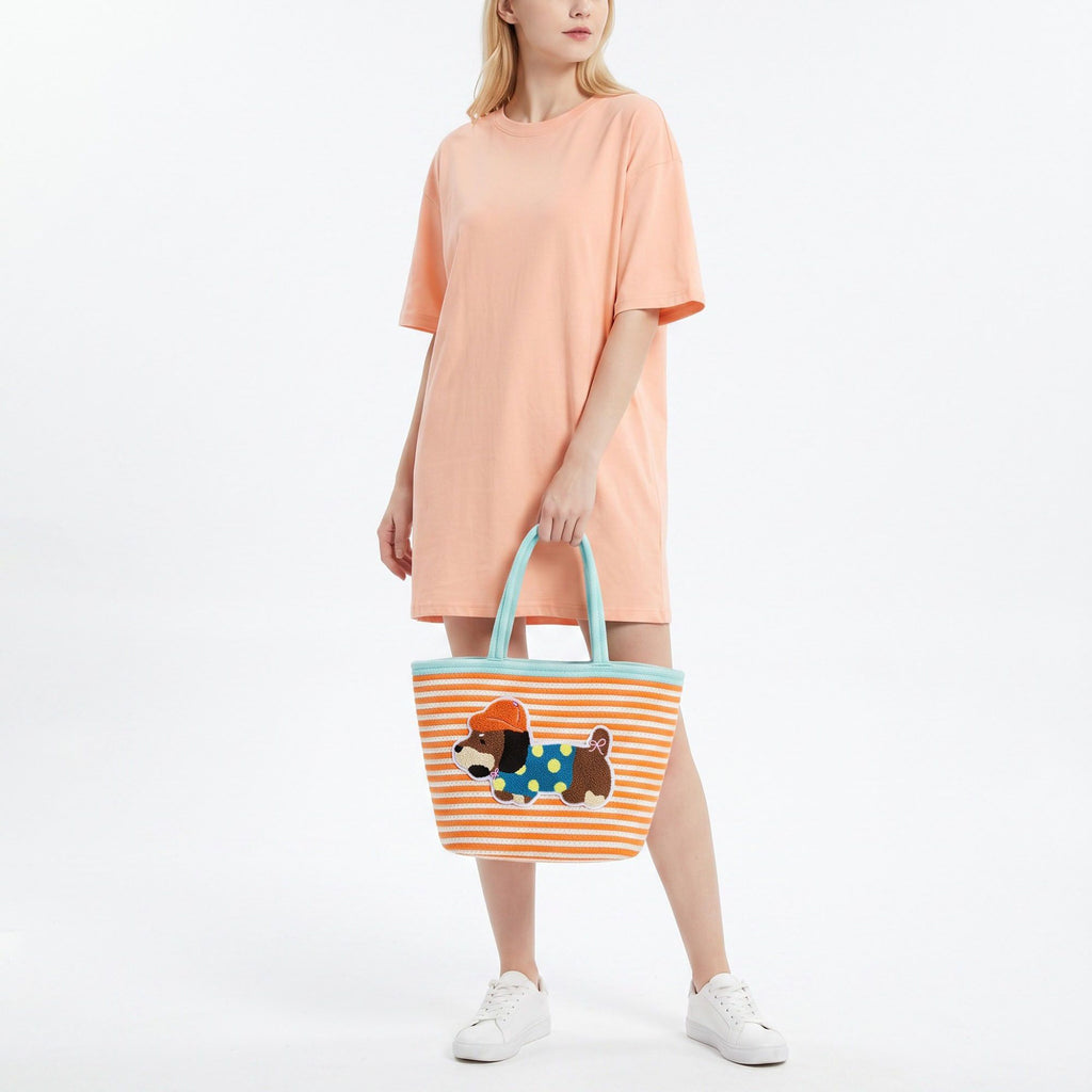 Dog Applique Striped Woven Rope Tote Bag Casual Shoulder Carryall