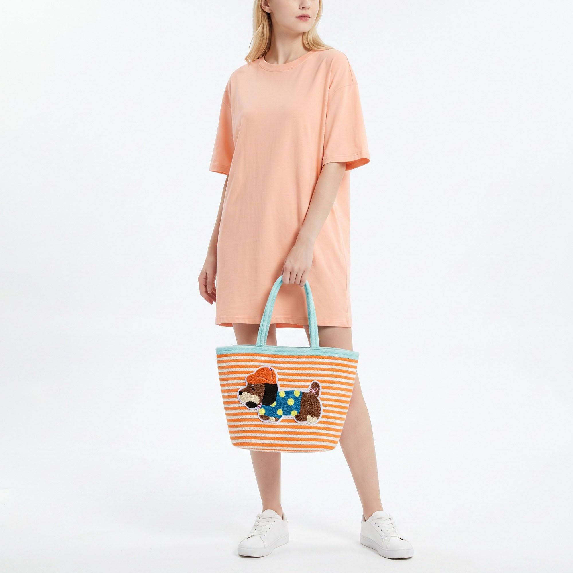 Dog Applique Striped Woven Rope Tote Bag Casual Shoulder Carryall