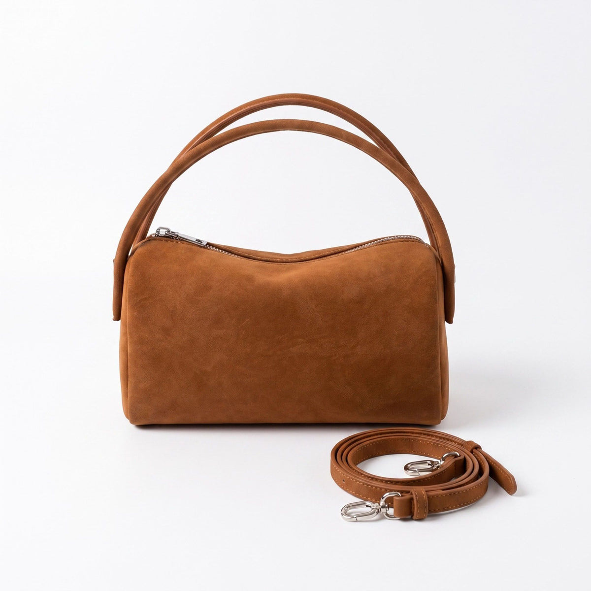 Faux Suede Satchel Bag with Detachable Crossbody Strap Beige