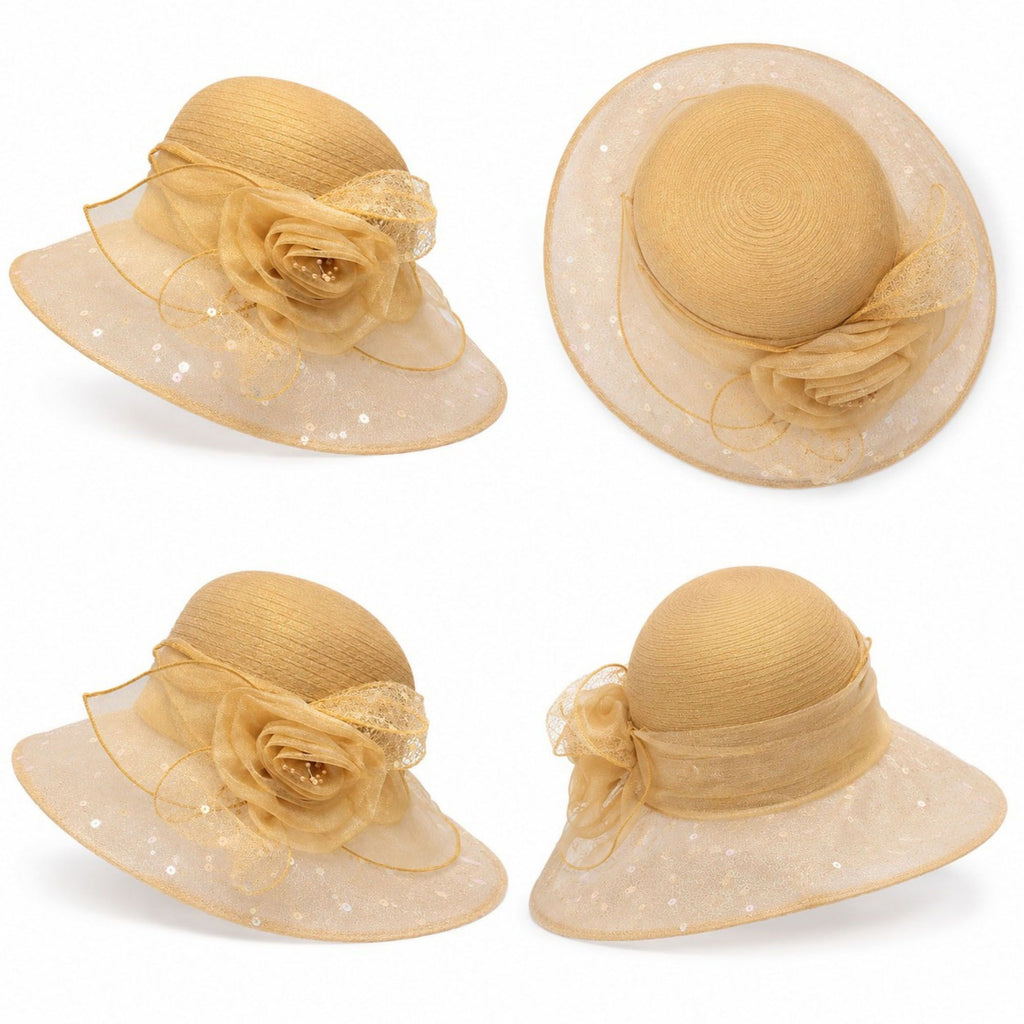 Wide Brim Floral Sun Hat with Sequin Mesh and Rose Accent