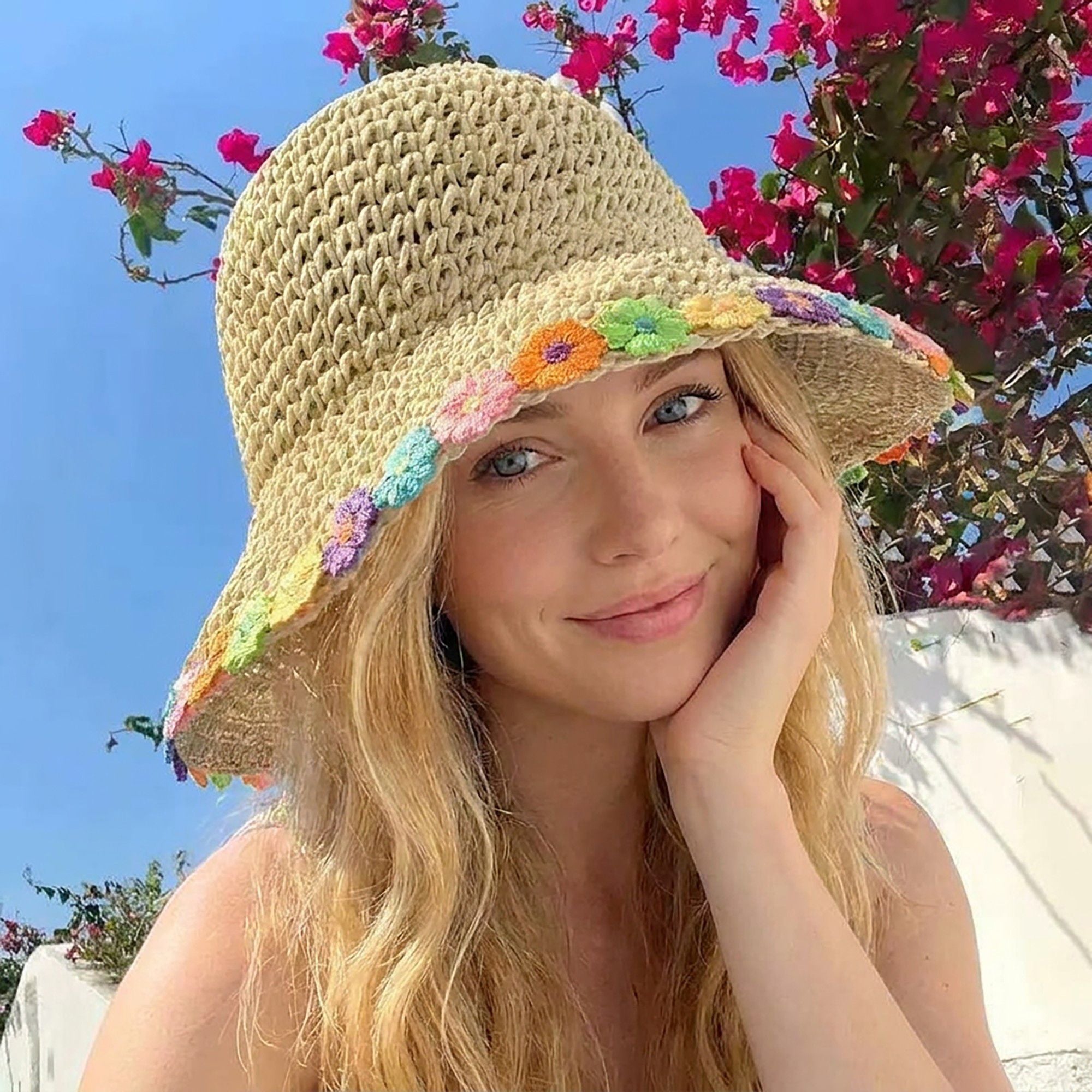 Crochet Bucket Sun Hat with Floral Applique Trim and Soft Brim Design