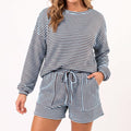 Striped 2 Piece Lounge Set with Long Sleeve Top and Drawstring Shorts