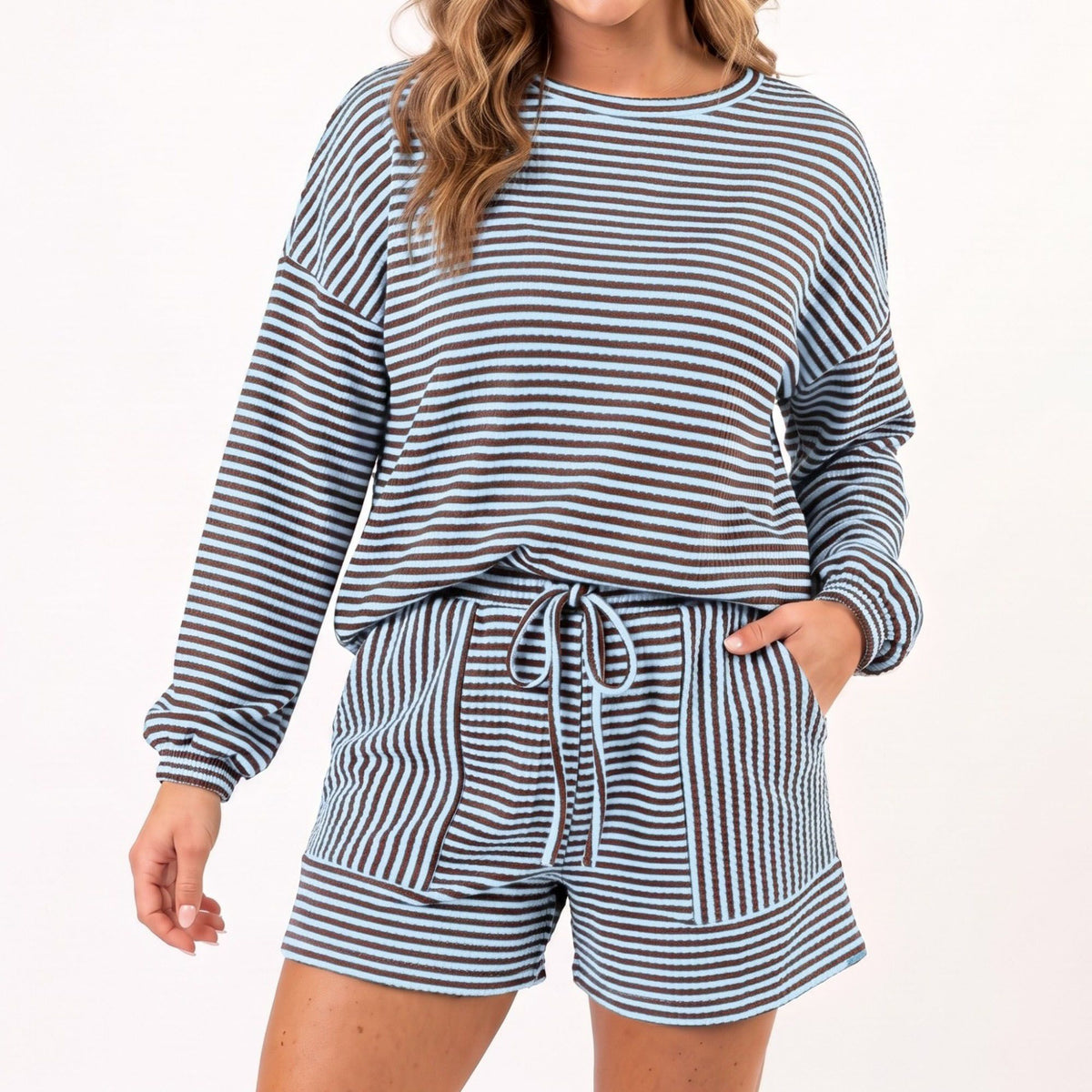 Striped 2 Piece Lounge Set with Long Sleeve Top and Drawstring Shorts