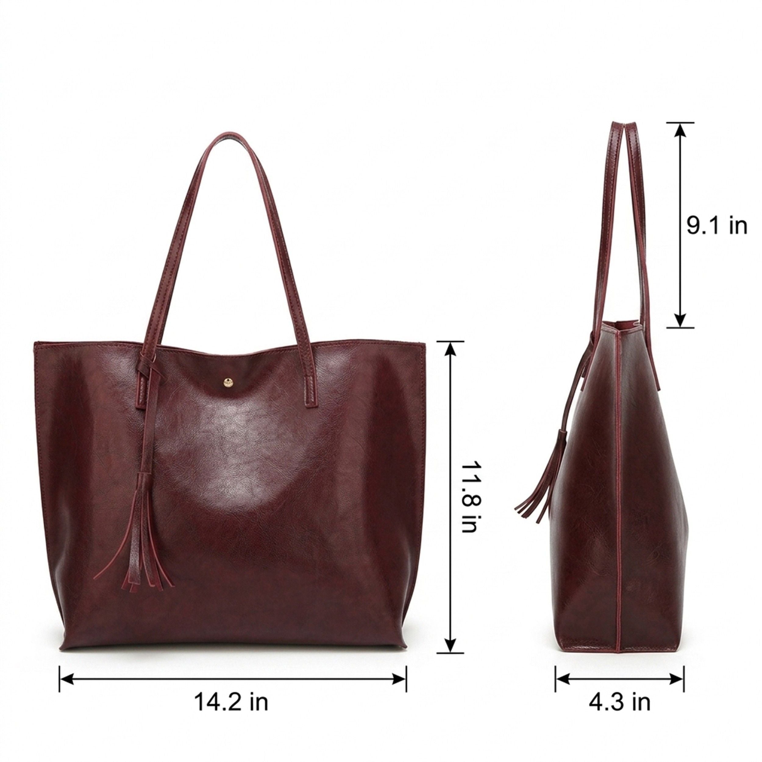 Large Faux Leather Shoulder Tote Bag with Tassel and Magnetic Snap Closure