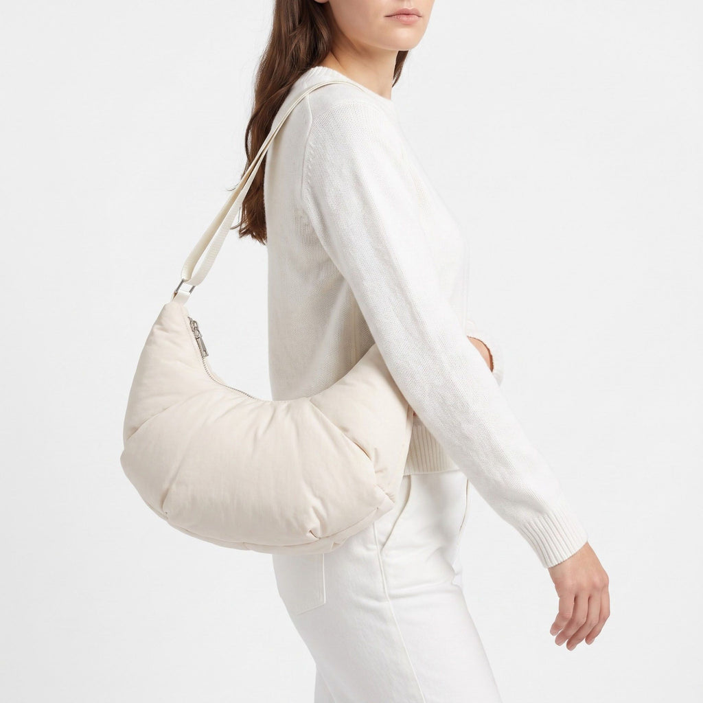 Padded Crescent Shoulder Bag with Wide Strap and Top Zipper Closure 13x7.5x2.5in