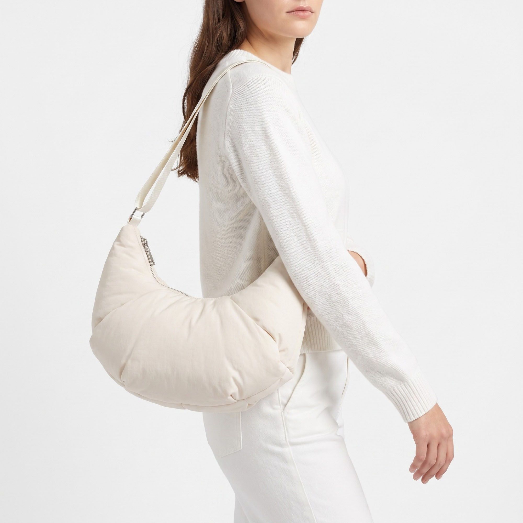Padded Crescent Shoulder Bag with Wide Strap and Top Zipper Closure 13x7.5x2.5in