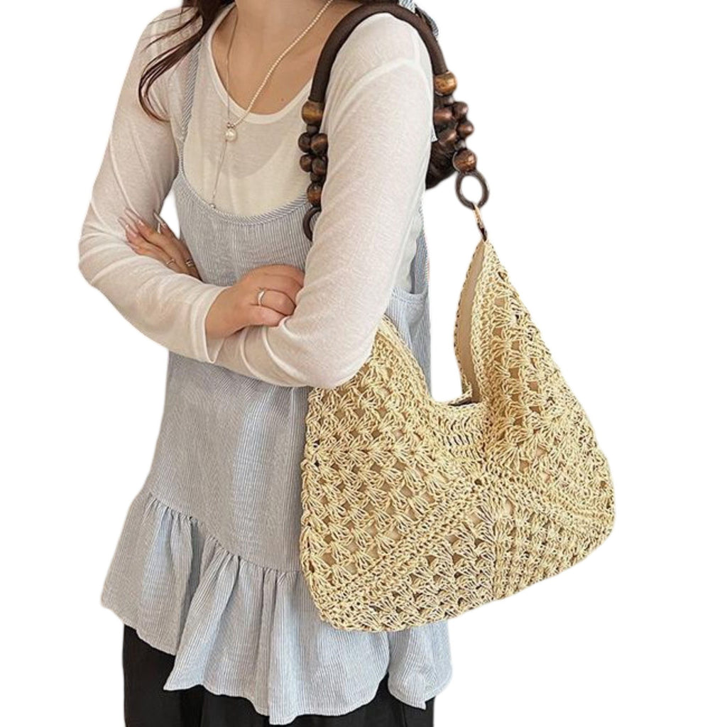 Woven Straw Hobo Bag with Wooden Handle Bead Accents and Spacious Interior