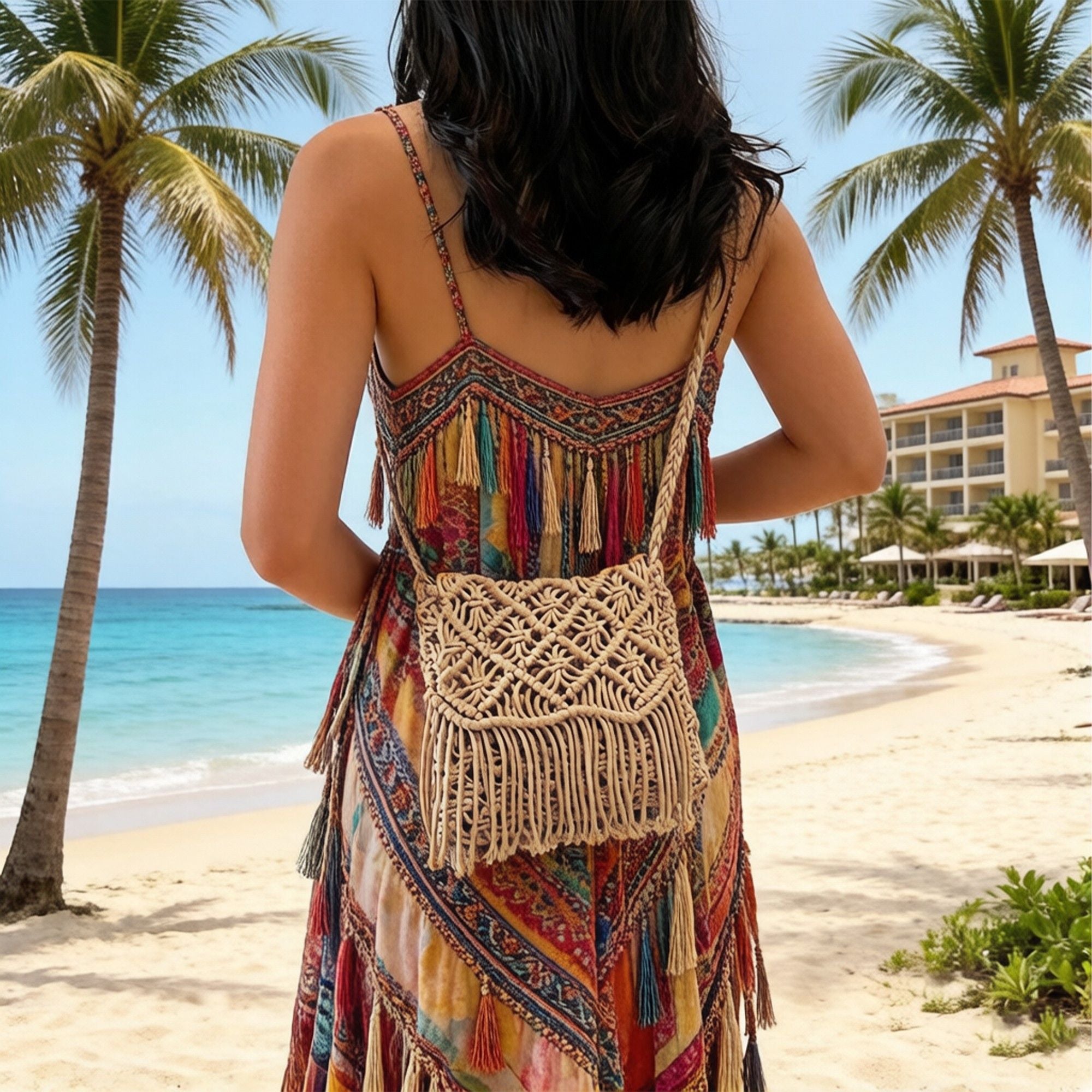 Macrame Fringe Shoulder Bag Knotted Rope Crossbody Handbag Boho Woven Tassel Bag Lightweight Handmade Style Purse