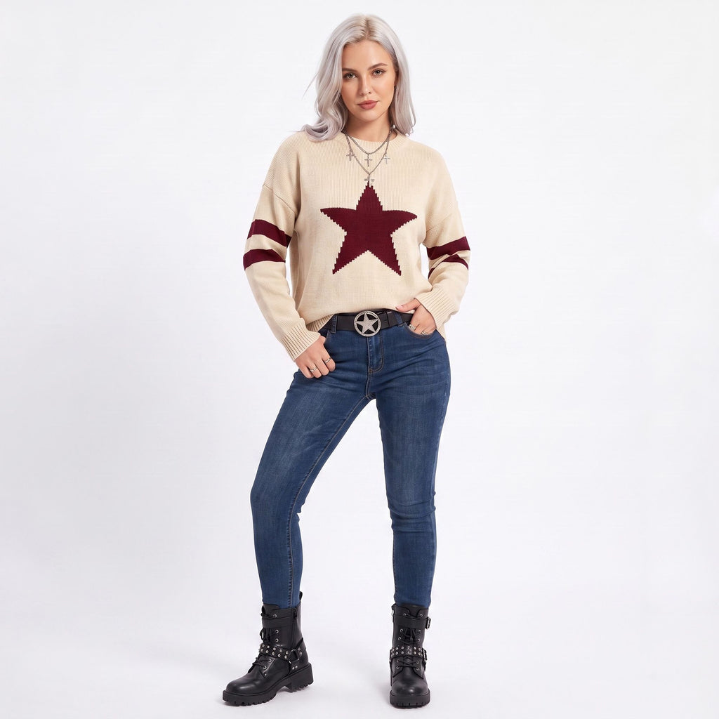 Star Graphic Striped Sleeve Crewneck Knit Sweater