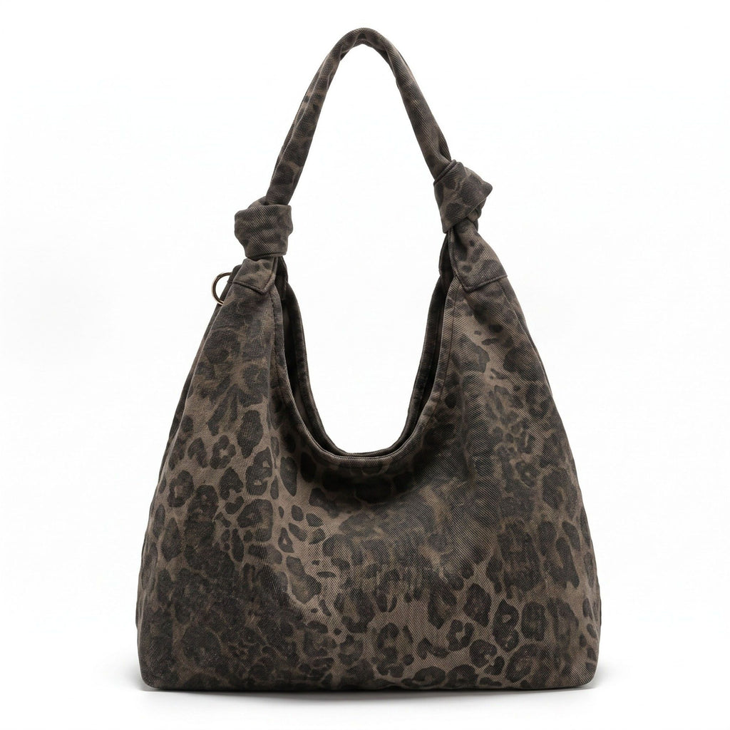 Oversized Leopard Print Hobo Shoulder Bag with Knotted Strap