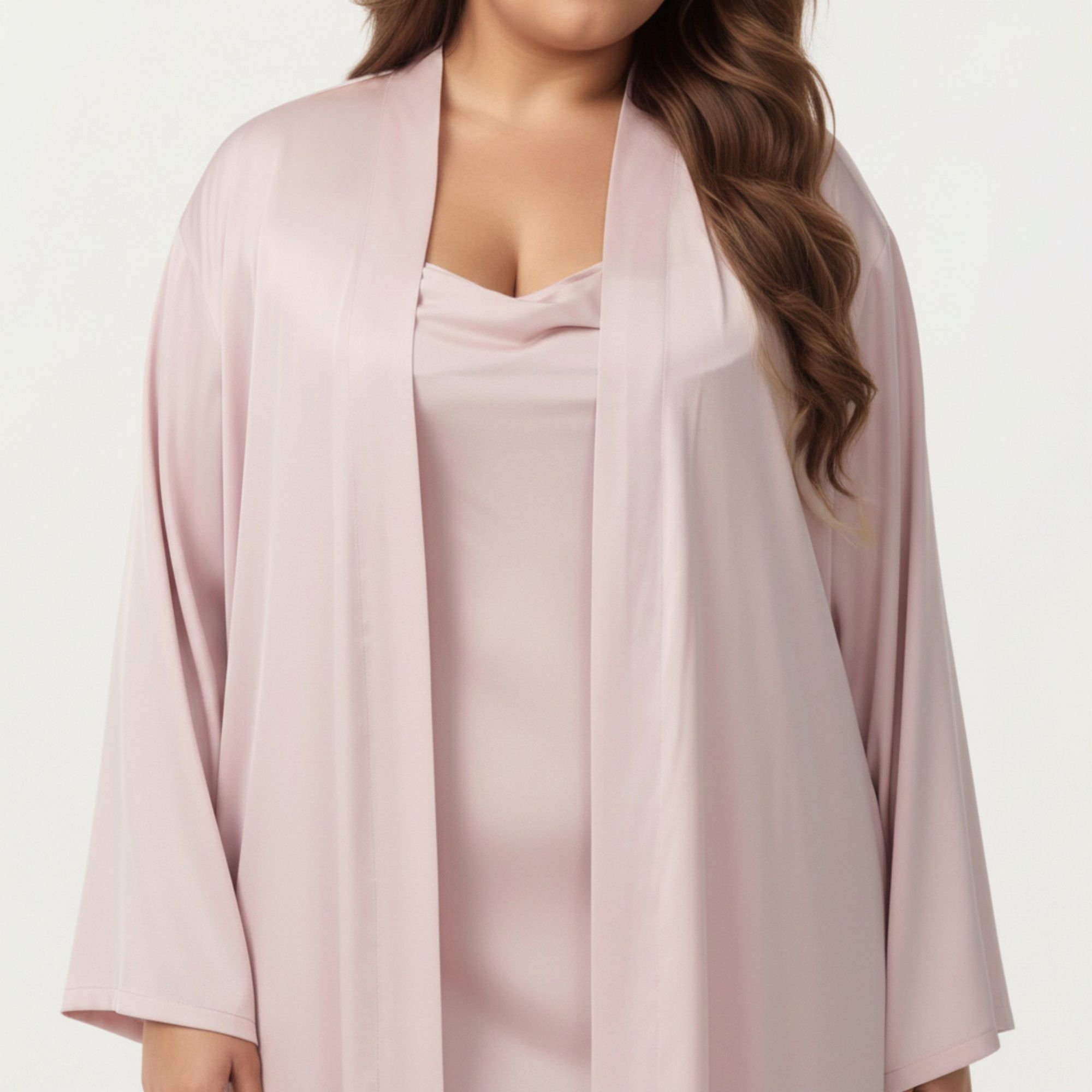 Anna-Kaci Lounge Women's Plus Size 2-Piece Satin Nightgown Set with Long Sleeve Open Front Robe Sleeveless Slip Dress Sleepwear