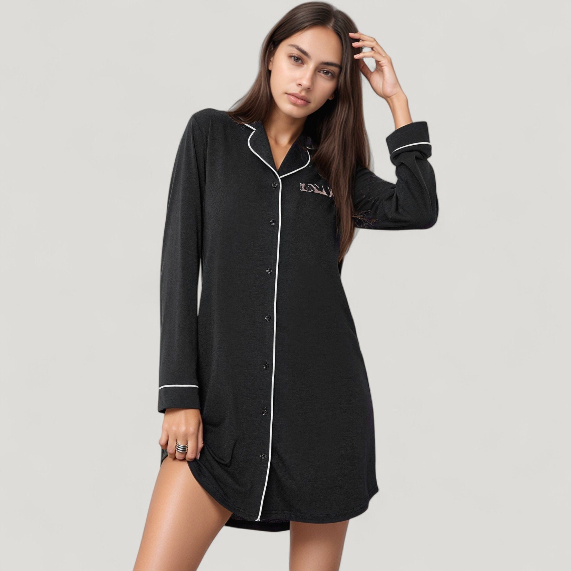 Anna-Kaci Lounge Women's Long Sleeve Button-Up Sleep Shirt with Contrast Piping Trim and Embroidered Chest Detail