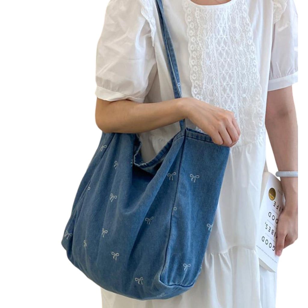 Denim Tote Bag with Printed Bow Design and Large Spacious Interior