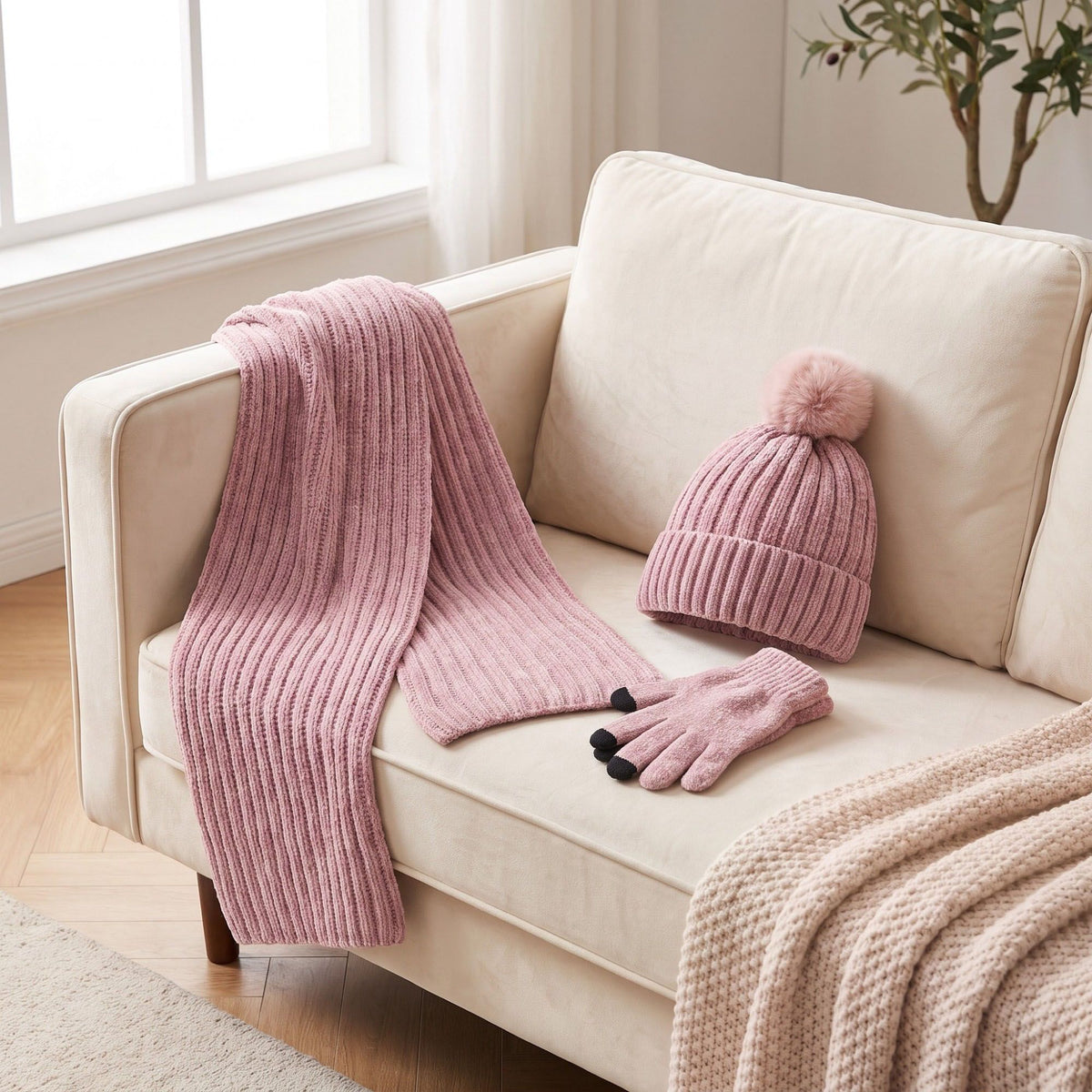 3 Piece Pom Beanie Scarf and Touchscreen Gloves Winter Set