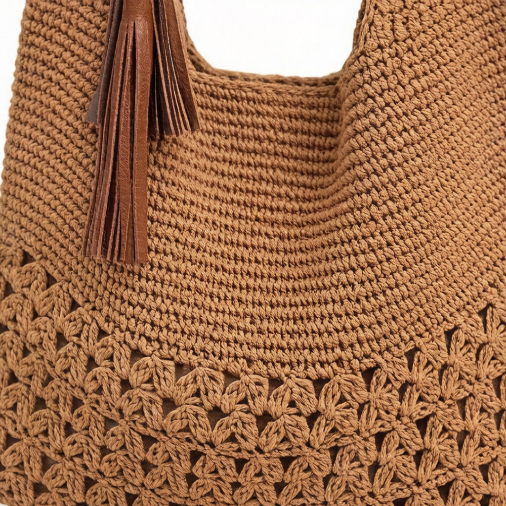 Crochet Hobo Shoulder Bag with Tassel Detail Adjustable Strap Slouchy Knit Handbag Lightweight Casual Tote