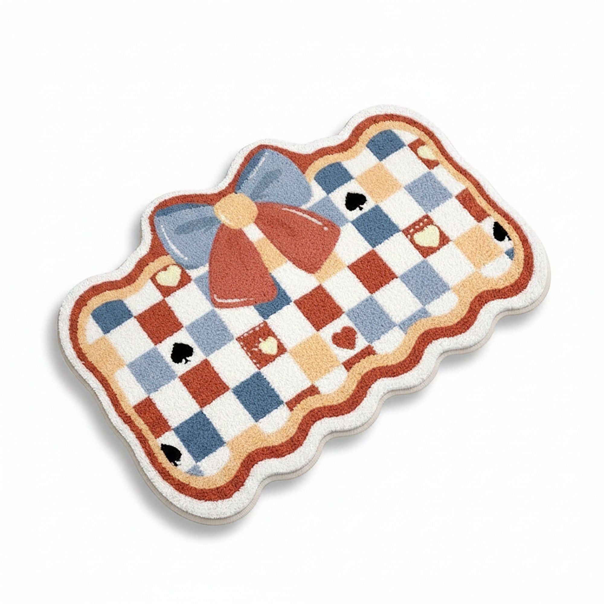 Tufted Floor Mat with Checkered Pattern Bow Detail Scalloped Edge Non Slip Backing Plush Decorative Indoor Entryway Bathroom Rug