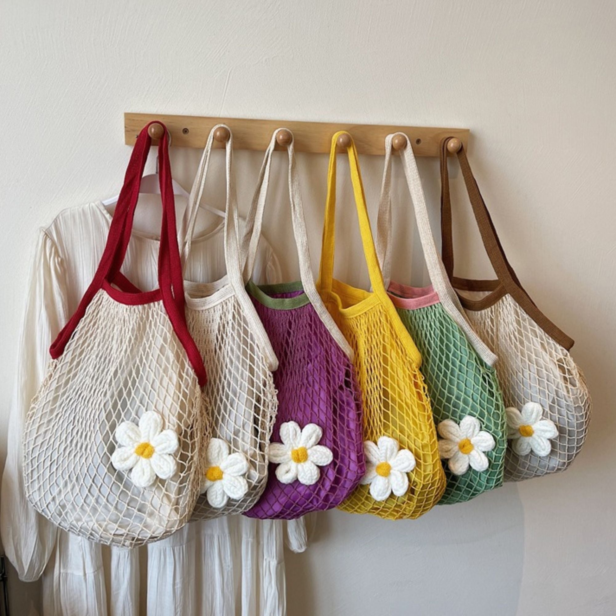 Crochet Style Net Tote Bag with Daisy Accent and Shoulder Straps