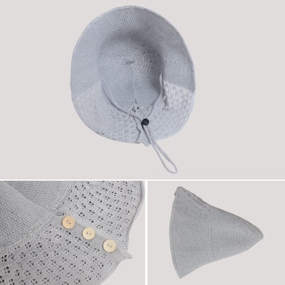 Anna-Kaci Crochet Bucket Hat with Adjustable Chin Strap and Back Button Eyelet Panel for Sun Protection