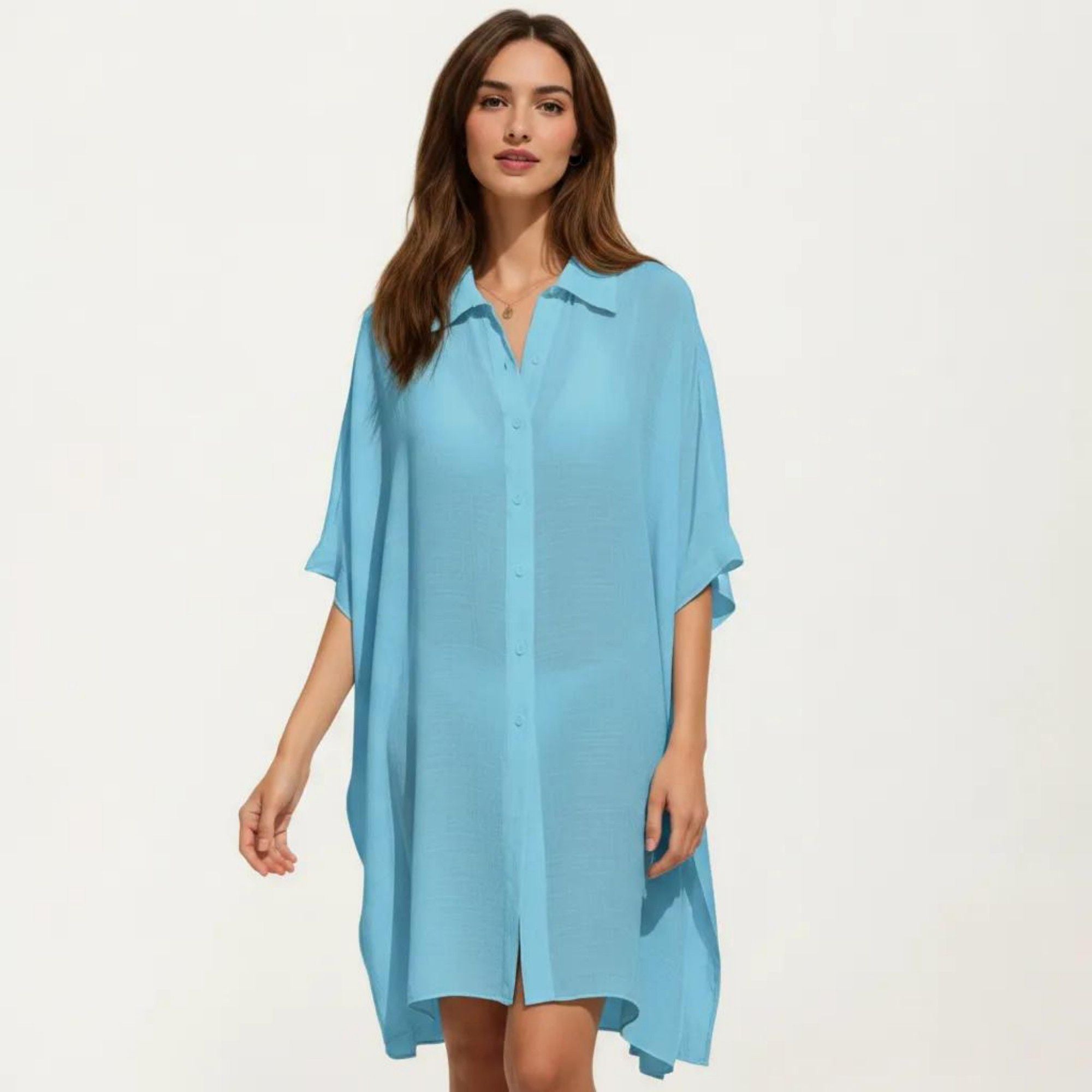 Anna-Kaci Women's Button Front Swim Cover Up Shirt Dress Loose Lightweight Beach Kaftan