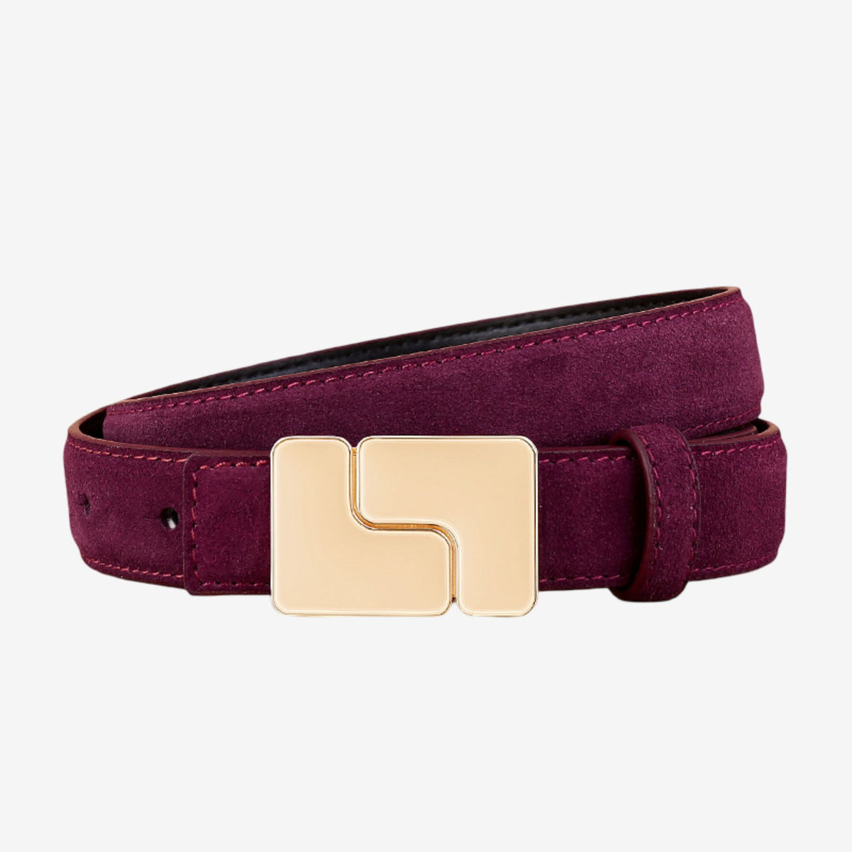 Suede Leather Belt with Geometric Gold Tone Buckle 39.4in
