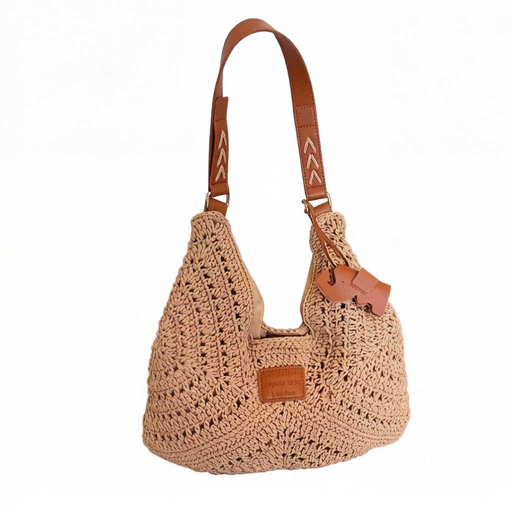 Woven Crochet Shoulder Bag with Embroidered Strap Slouchy Hobo Handbag Lightweight Knit Tote