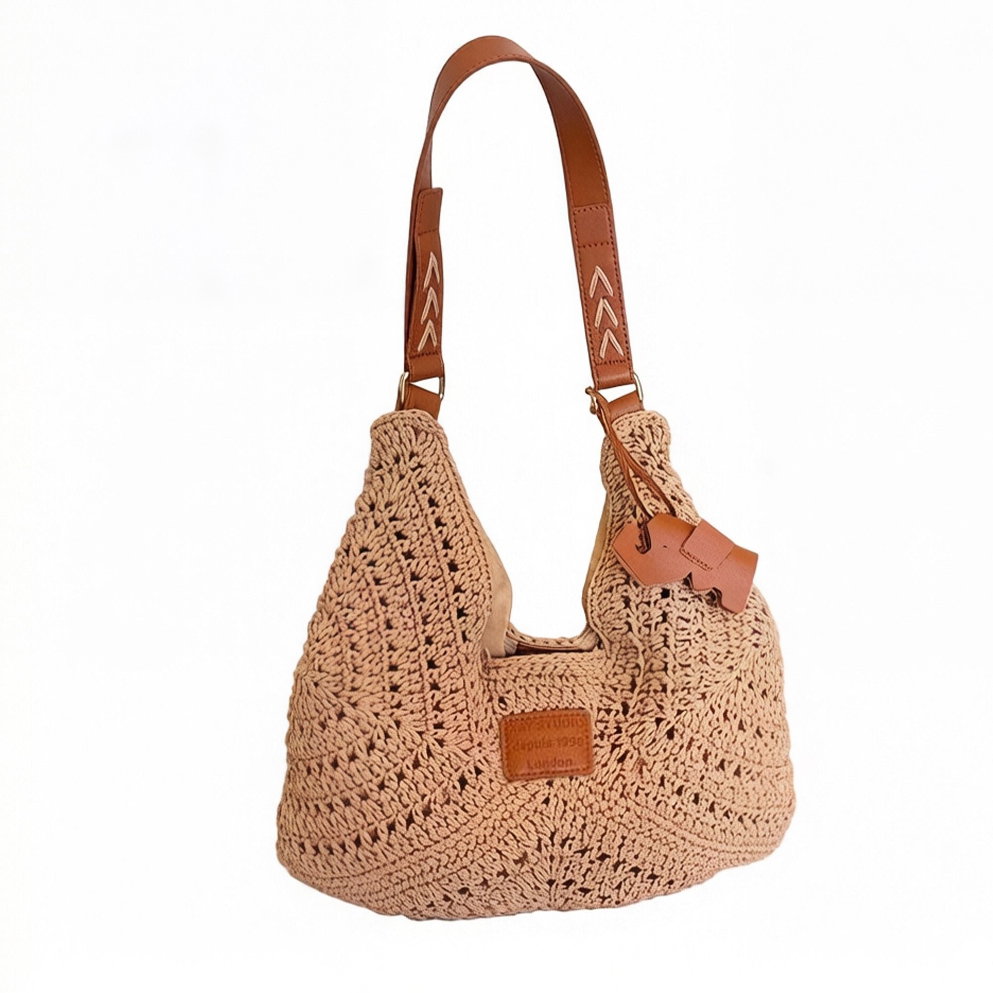 Woven Crochet Shoulder Bag with Embroidered Strap Slouchy Hobo Handbag Lightweight Knit Tote