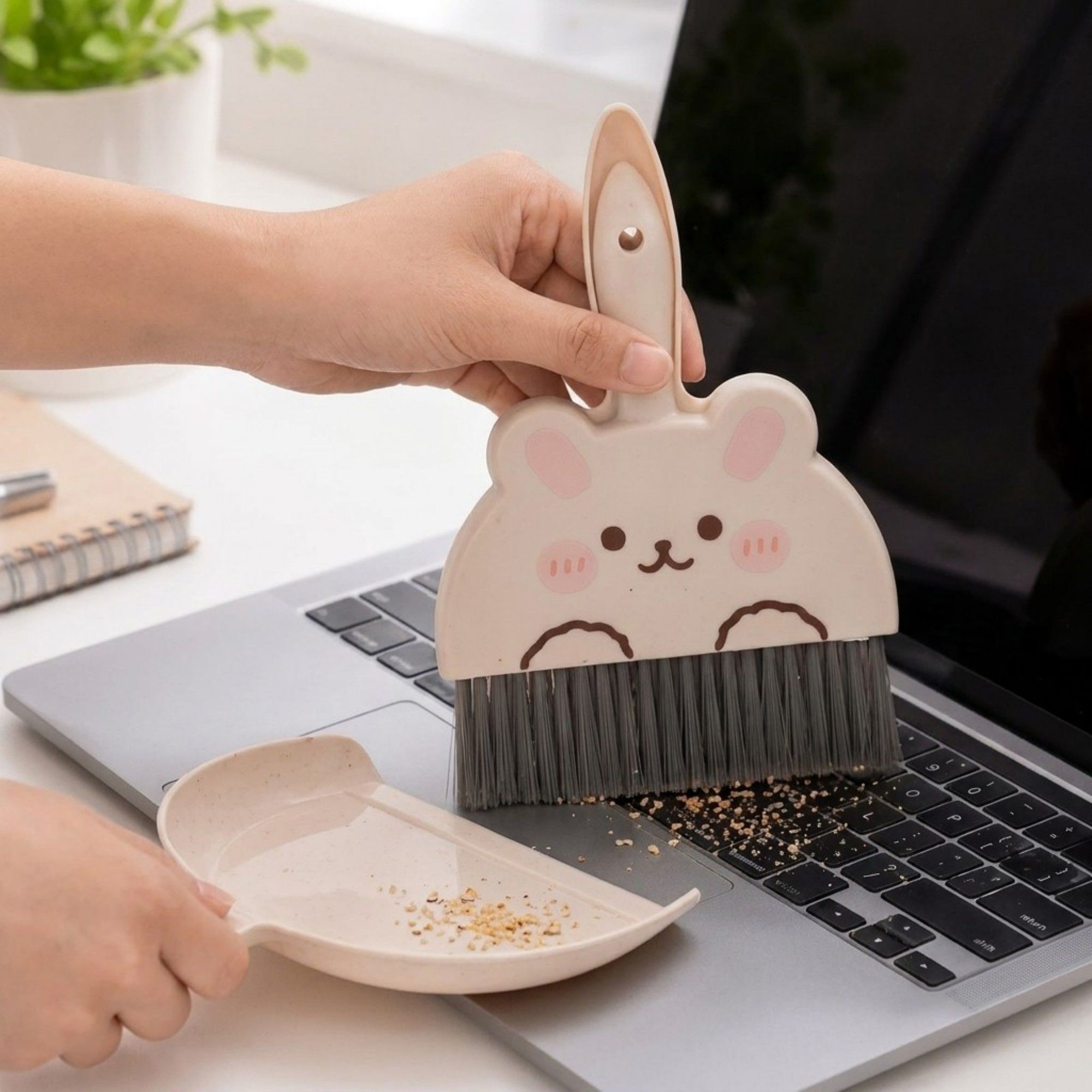 2-Piece Mini Dustpan and Brush Set with Animal Face Design for Tabletop Cleaning