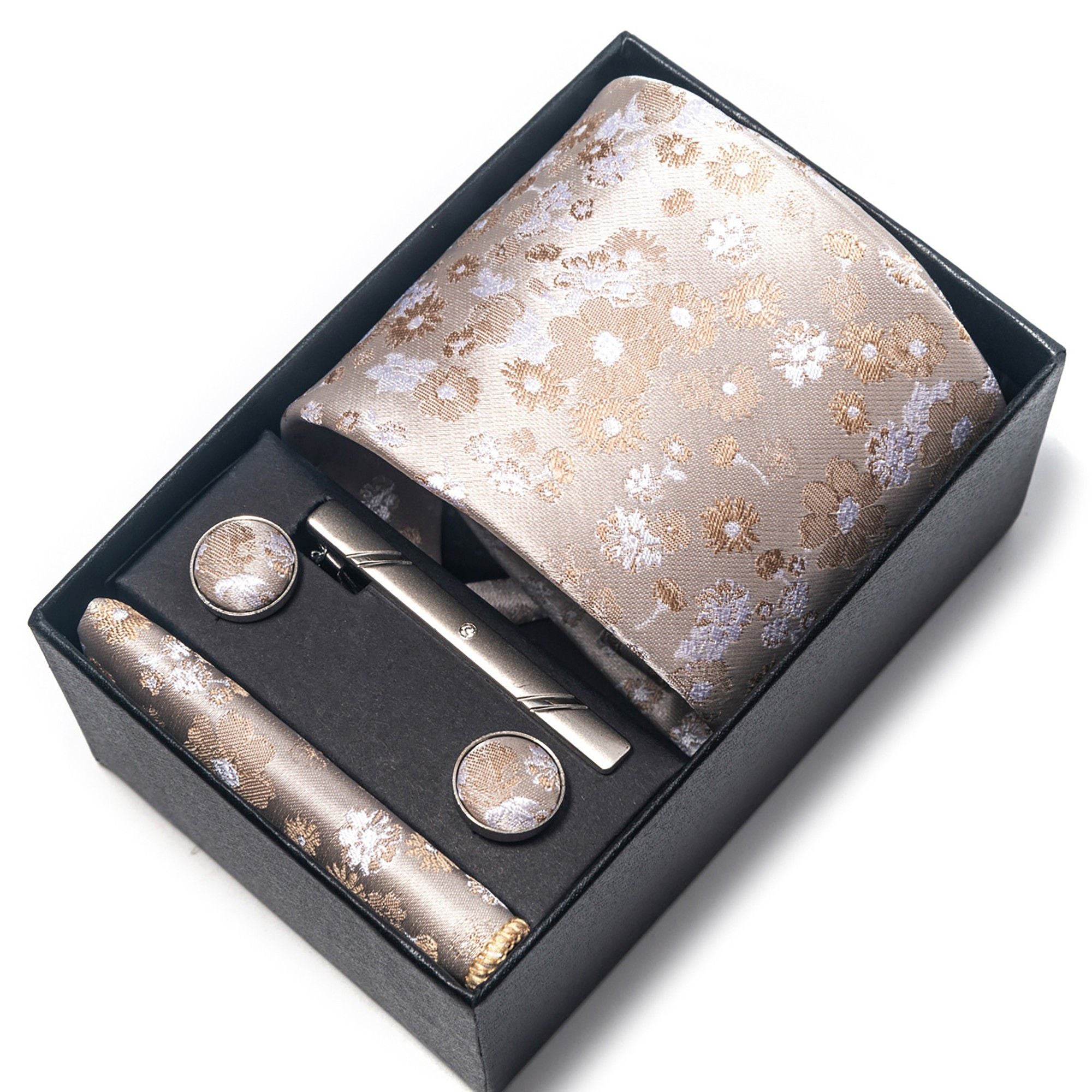 Men's Paisley Floral Tie Gift Set with Matching Pocket Square Cufflinks and Silver Tie Clip