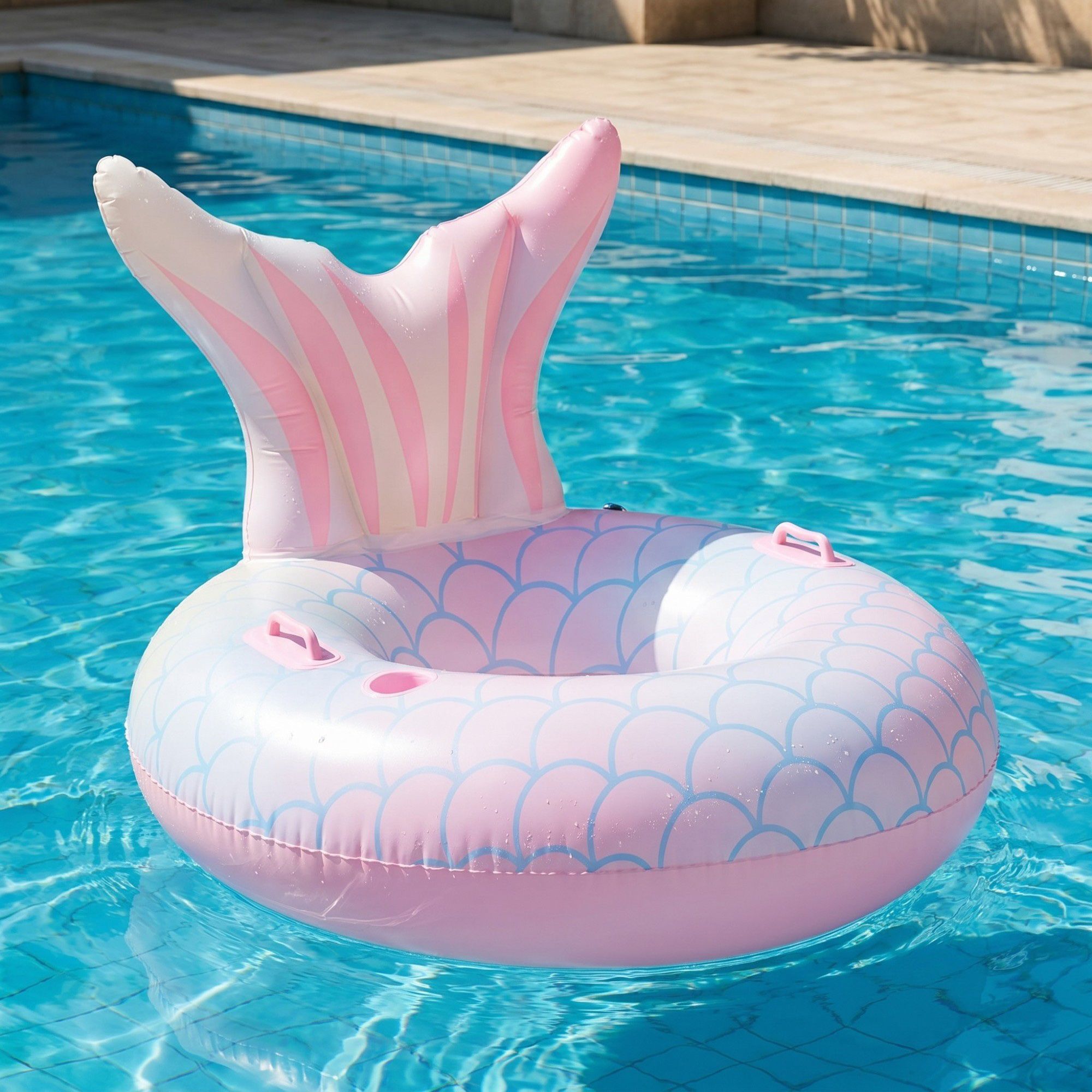 Inflatable Mermaid Tail Pool Float Ring with Backrest Handles Durable PVC Water Float for Pool Beach 43.3x43.3x25.5in