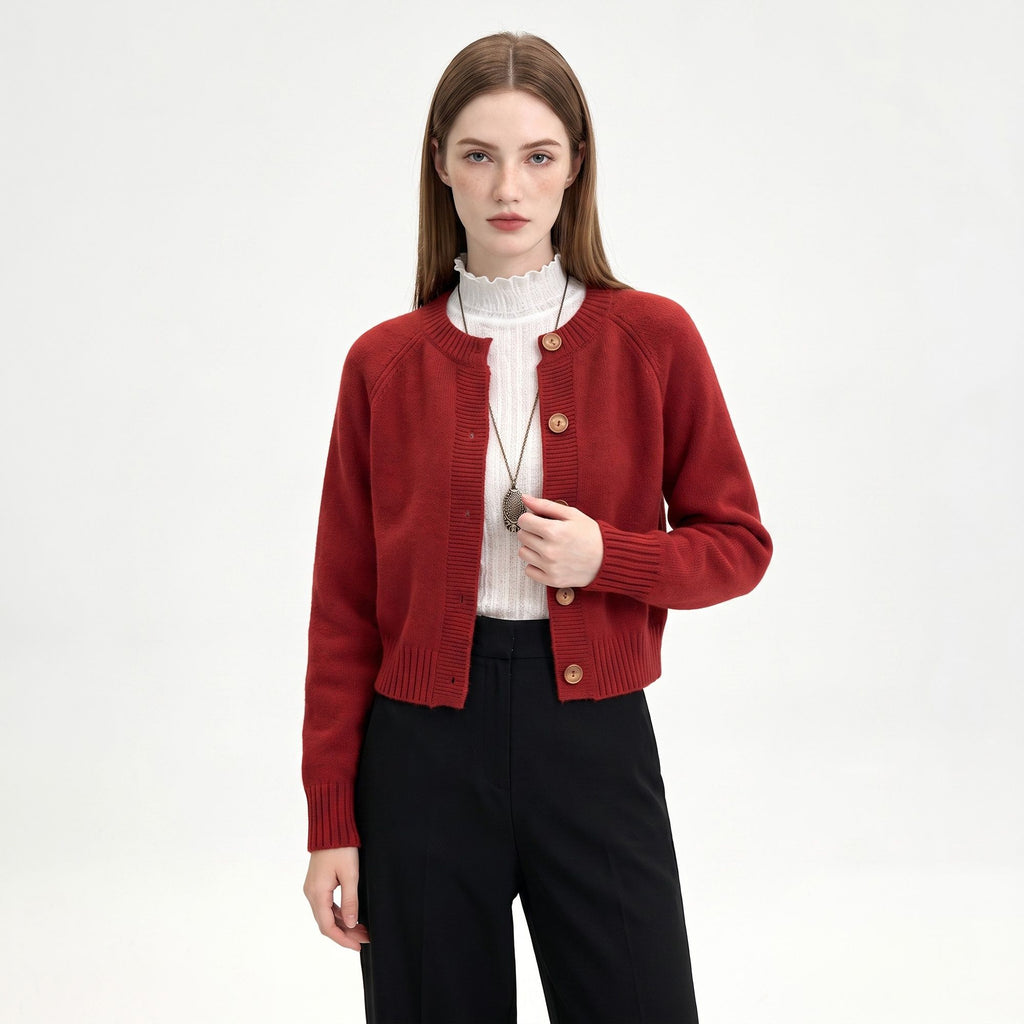 Cropped Crewneck Button-Front Cardigan Sweater