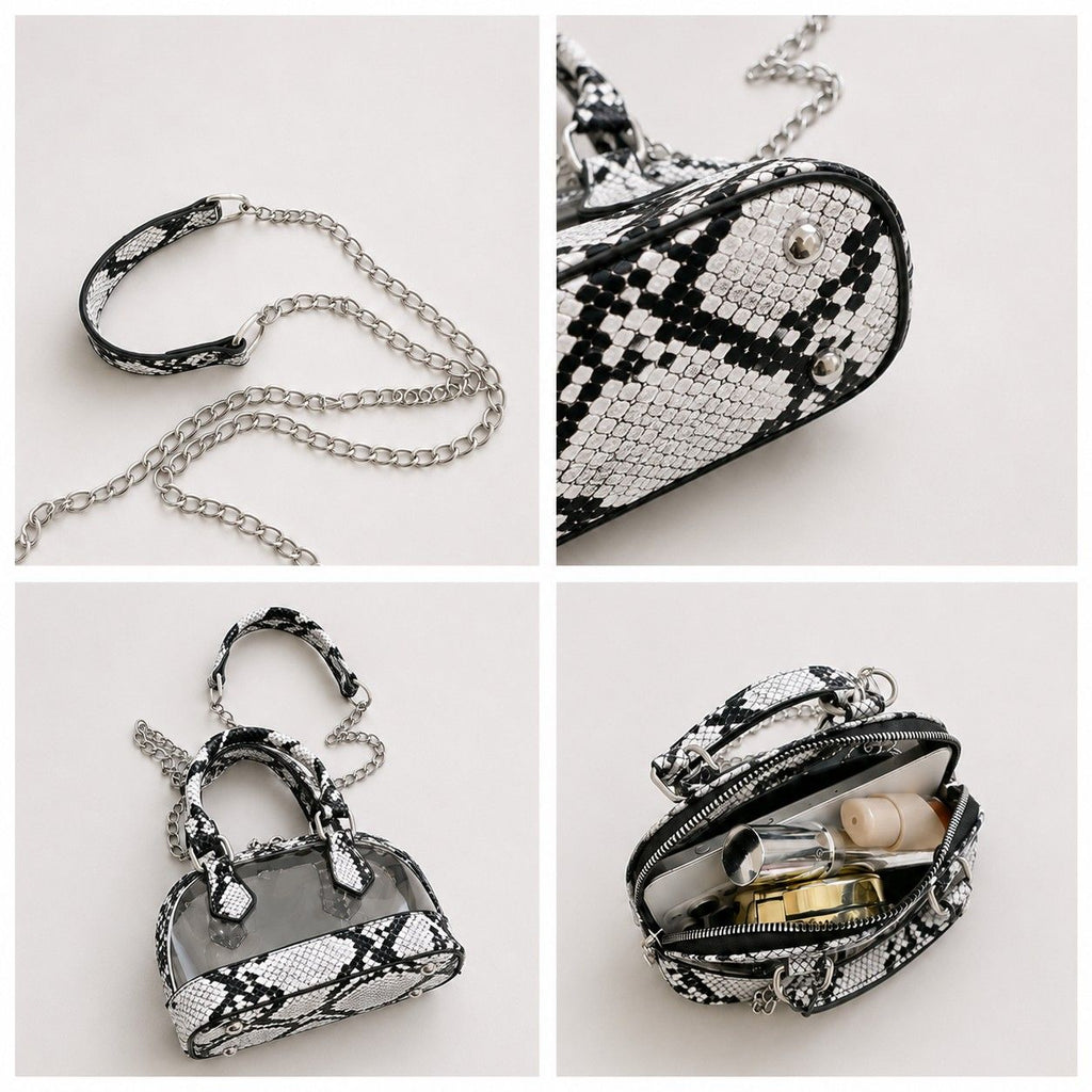 Clear PVC Mini Crossbody Satchel Bag with Print Trim and Chain Strap