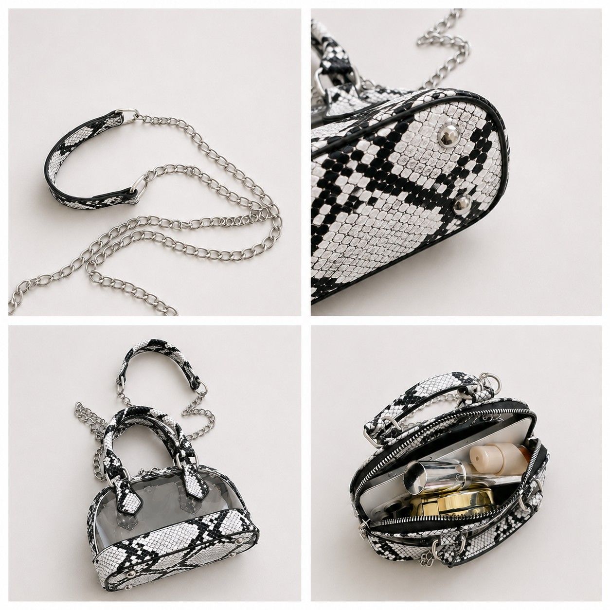 Clear PVC Mini Crossbody Satchel Bag with Print Trim and Chain Strap