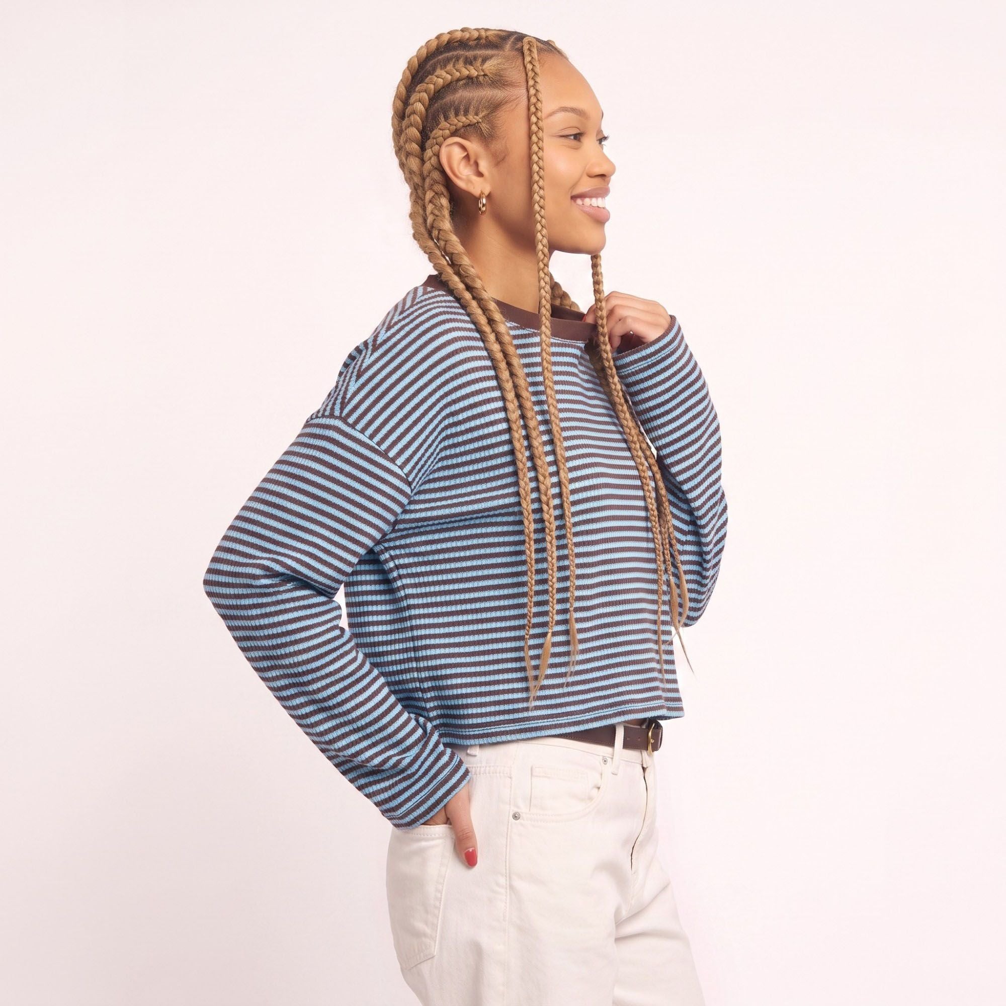 Striped Textured Knit Drop Shoulder Cropped Sweater