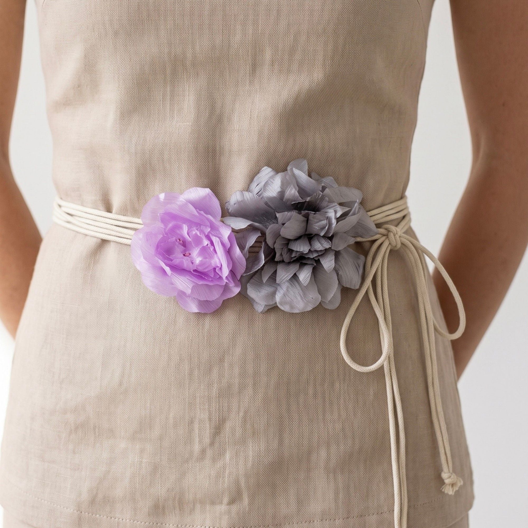 Dual Fabric Flower Braided Wrap Waist Belt Adjustable Floral Statement Waist Jewelry 43.3in