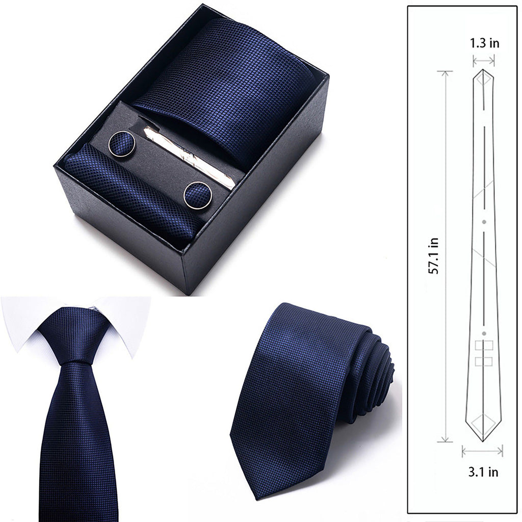 Men's Diamond Grid Pattern Tie Gift Set Necktie Pocket Square Cufflinks Tie Clip Formal Accessory Set